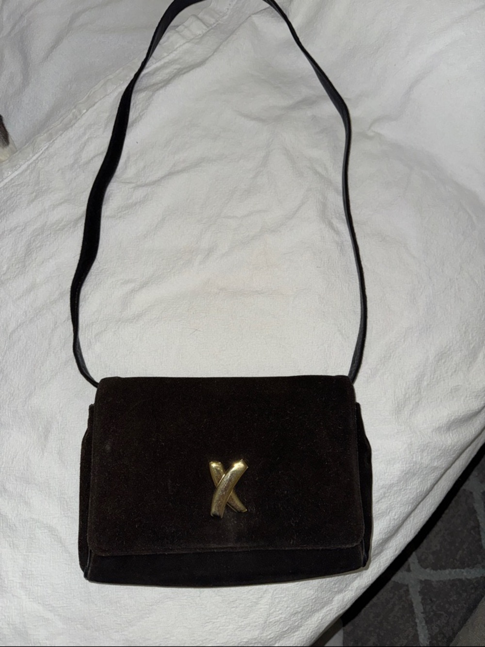 Paloma Picasso Black Suede Crossbody Bag with Gold Accent
